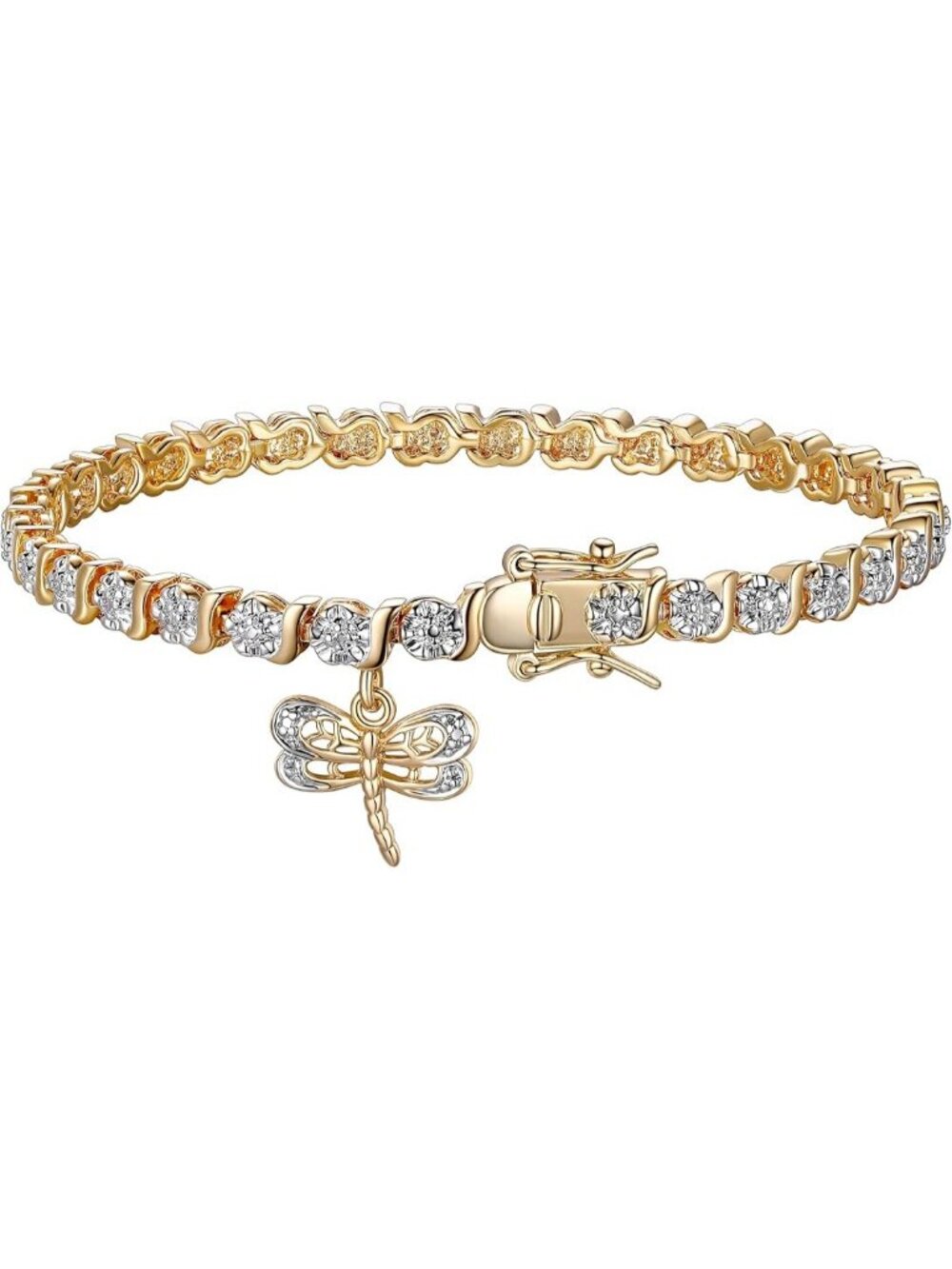 Dragonfly Yellow Gold, Plated Diamond Accent Tennis Bracelet  S-Link Chain